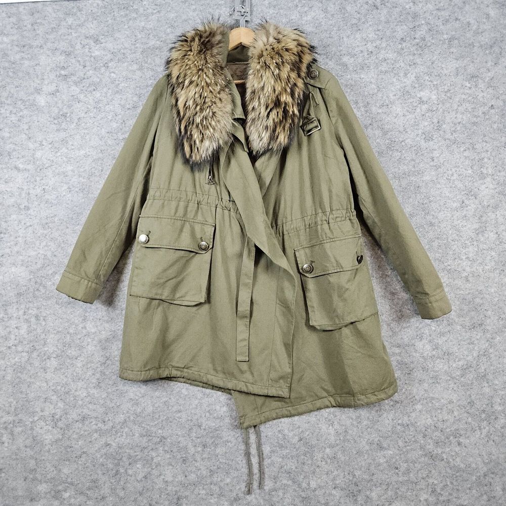 Season Women's Faux Fur Collar Size M Green Army Coat/Jacket Removable Lining